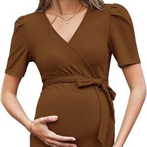 Elegant Brown Wrap Maternity Dress